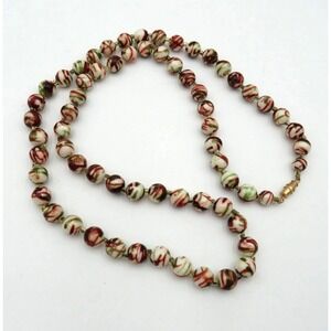 Vintage Swirl Glass Bead Necklace Red Green White Barrel Clasp Beaded Strand